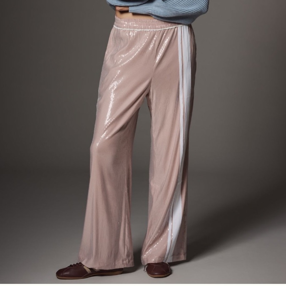 🟠NWT MAEVE Brooklin Sequin Pull-On Track Pants in Light Pink/White MED